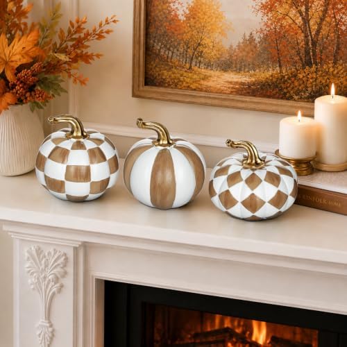 Briful 3-Piece Brown and White Resin Pumpkin Set, Modern Fall Decor - Image 5
