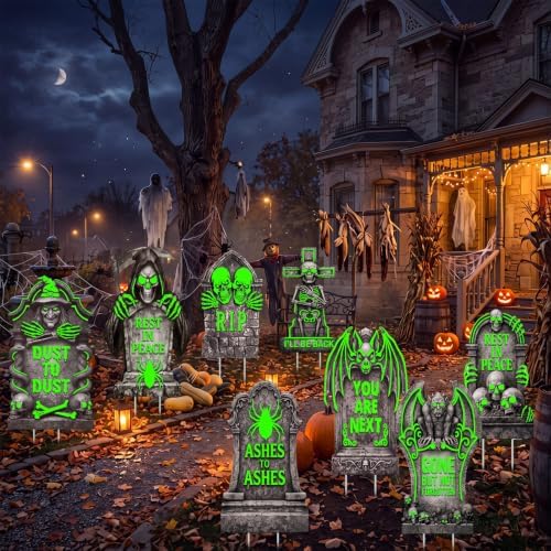 8 Pcs 15.7" Halloween Tombstone Decoration Fluorescent Graveyard Yard Sign - Image 2