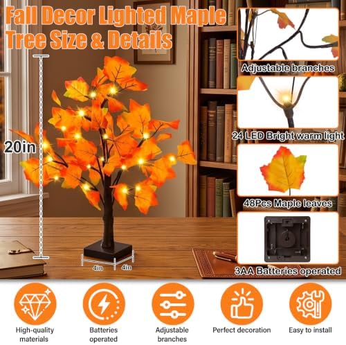 Artificial Fall Lighted Maple Tree 24 LED Thanksgiving Decorations Table Lights Battery Operated for Wedding Party Gifts Indoor Outdoor Autumn Harvest Home Decor - Image 4