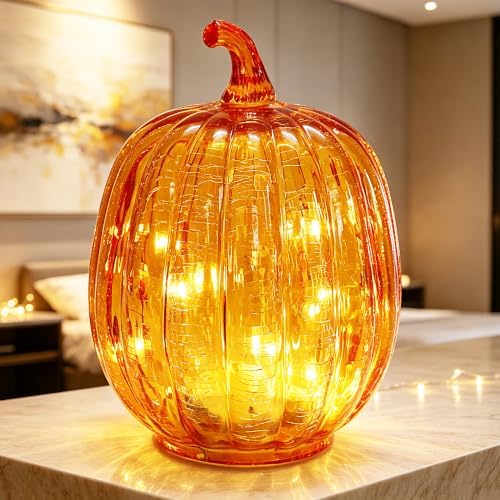 Fall Decorations for Home,Crackled Glass Pumpkin lights with Timer (Gold) - Image 6