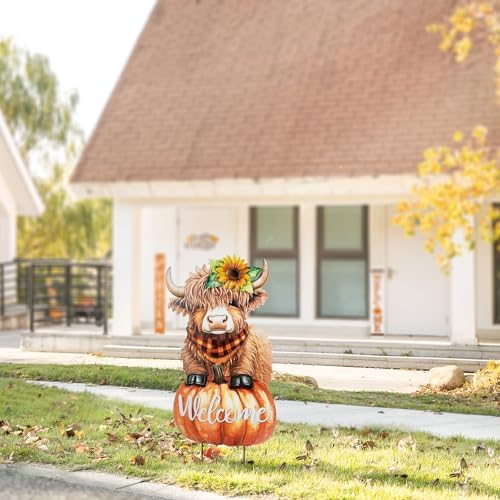 Glitzhome Fall Thanksgiving Yard Stake Decorations for Outdoor, 29.75" H Thanksgiving Metal Highland Cow Yard Stake or Wall Décor, Fall Garden Stakes for Patio Pathway Autumn Harvest Decorations by Glitzhome