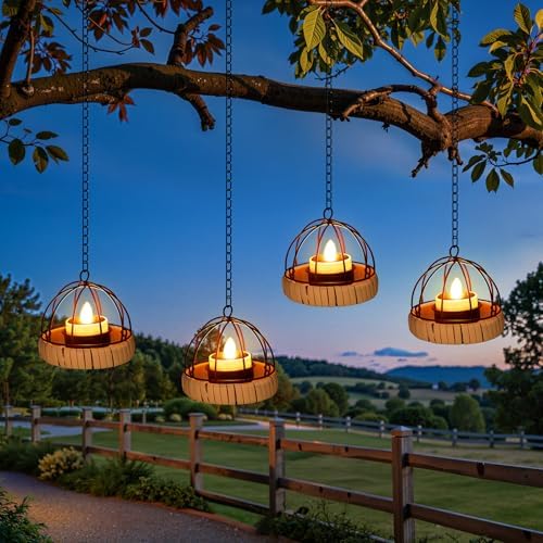 KOOPER Hanging Solar Lanterns Outdoor Waterproof, 4 Pack Flickering Solar Powered Tea Lights, Rust Iron Ball Candle Holder Hanging Solar Lights for Backyard Garden Patio Yard Fence Tree Decoration by KOOPER