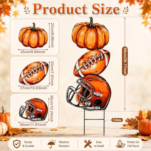 Weysat Fall Football Outdoor Decor Metal Pumpkin Football Yard Sign Porch - Image 4