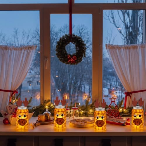 Qinyoung 12 Pcs Christmas Crafts Reindeer Mason Jars Crafts with LED Candle Light DIY Suncatchers Decoration Make Your Own Xmas Reindeer Mason Jars Tissue Paper Supply for Christmas Projects Activity - Image 6