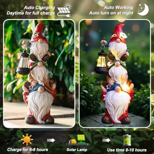 twinbling 12 in Garden Gnome Statue with Solar Lights Birthday Gift for Mom Woman Grandma Garden Sculptures Funny Triple Gnome Outdoor Patio Lawn Yard Balcony Home Decor - Image 3