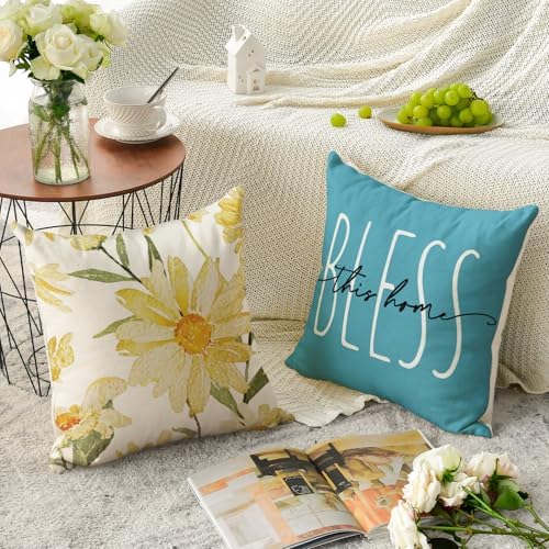 AVOIN colorlife Home Sweet Home Spring Summer Flowers Yellow Throw Pillow Covers, 18 x 18 Inch Blue Cushion Case for Sofa Couch Set of 4 - Image 4