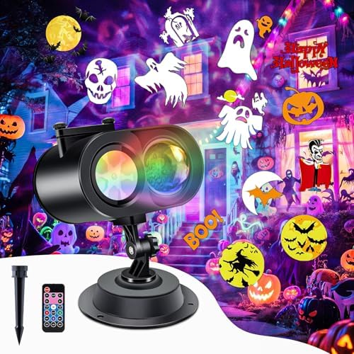 Halloween decorations outdoor, 2-In-1 Halloween Projector Lights outdoor with Remote Control(Ocean Wave & Patterns), Three Fixing Methods, Timer, 12 Slide &15 Colors for Halloween, Christmas, New Year by LLIBTYT