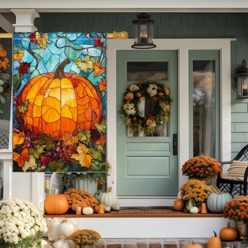 Fall Garden Flag For Outdoor Decor Thanksgiving Garden Flags Autumn Stained Glass Pumpkin Maple Leaf Double Sided Small Burlap Outside Porch Lawn Yard Flags Decorations 28X40 Inch - Image 4