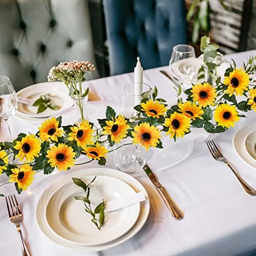Uieke 10 Pack Artificial Sunflower Garland, 8.2ft/Pcs Silk Sunflowers with Green Leaves, Flowers Vines for Room Home Kitchen Garden Wedding Arch Bridal Baby Shower Party Outdoor Decor - Image 6