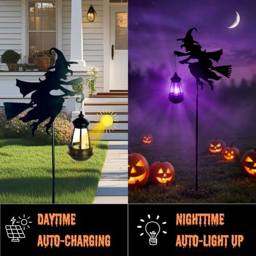 Halloween Witches Outdoor Solar Lanterns 2 Pack - Halloween Decorations Outdoor Witch Statue, Solar Garden Stakes, Metal Yard Decor, Whimsical Decor for Patio (Purple Light) - Image 3