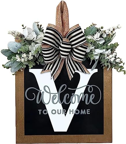 Last Name All Year Round Front Door Wreath with 26 Initial Letter Welcome Sign All Seasons Eucalyptus Garland and Bow ，Farmhouse, Porch, for Spring Summer Fall All Seasons Holiday Halloween Christmas. (V) by YICORIP