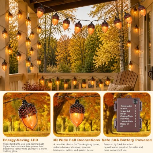 Fall Lights Battery Operated, 11.48 FT 20 LED Fall String Lights with 3D Acorns LED Autumn Lights with Timer 8 Modes Waterproof for Autumn Thanksgiving Halloween Indoor Outdoor Fall Decorations - Image 5