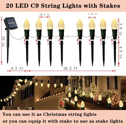 Huacenmy Solar Christmas Pathway Lights Outdoor, 20 LED C9 With 20 Stakes, 23FT Decorations Strawberry String for Roof Yard Patio Walkway Driveway, Warm White - Image 2