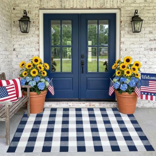 SEEKSEE Buffalo Plaid Rug 4' x 6' Navy Blue and White Large Front Door Mat, Layering Area Rug, Washable Rug for Outdoor Patio Entryway Indoor Living Room Kitchen Dining Room Decor - Image 2
