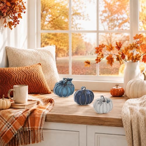 Smile Fall Wooden Decor Set 3-Piece Blue Tone Pumpkin Tabletop Signs for Autumn Harvest Home Decor - Image 5