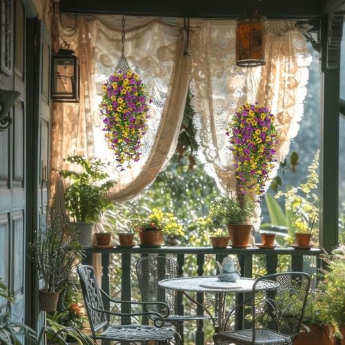 4 Pcs Artificial Hanging Flowers for Outdoors Spring Summer Faux Silk Daisy Flowers UV Resistant Fake Plants Eucalyptus Realistic for Outside Home Indoor Planter Porch Yard Decor Yellow Purple - Image 4
