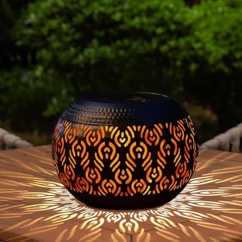Solar Table Lanterns Outdoor Waterproof - Dancing Flickering Flame Lamp Black Peacock Feather Metal Tabletop Light Solar Powered Decorative Lantern for Desk Bedroom Patio Garden Pathway Yard (1 Pack) by pearlstar
