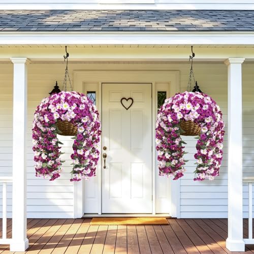 Artificial Hanging Flowers for Outdoors, 2 PCS 272 Blooms UV Resistant Morning Glory Faux Silk Vines, No-Odor Realistic Fake Plants for Garden Planter Porch Patio Decoration, Lotus Lightpurple - Image 7
