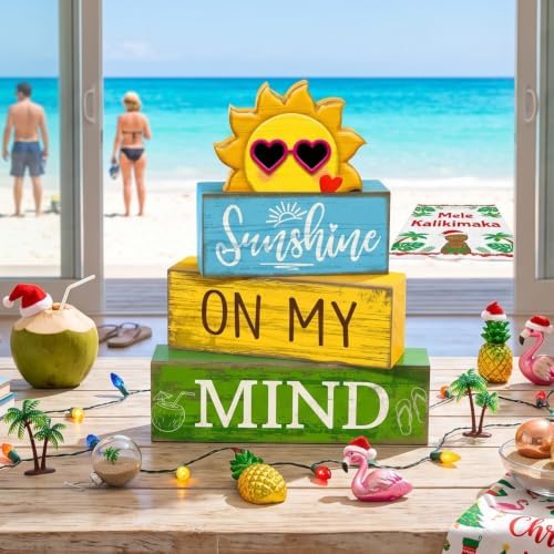 Lineshading 4 Pcs Summer Wooden Block Signs Table Decor Sunshine - Image 3