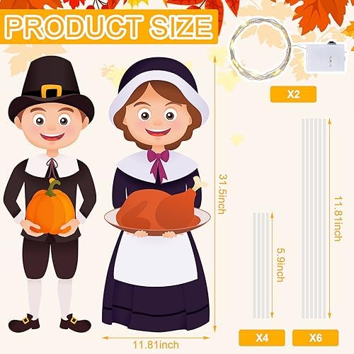 Soaoo 2 Pack Thanksgiving Pilgrim Couple Yard Signs with LED String Light Outdoor Fall Yard Decorations with Stakes Pumpkin Thanksgiving Lawn Garden Sign for Harvest Party Decorations, 32 x 12 Inch - Image 2