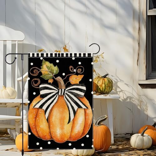 Fall Garden Flag Polka Dots Bowknot Pumpkin Garden Flags For Outside Burlap Decor, Thanksgiving 12x18 Inch Double Sided Vertical Autumn Decor Patio Lawn Yard Outdoor Decoration - Image 2