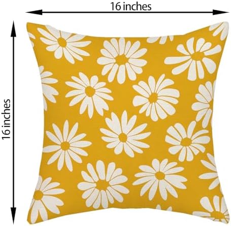 Mustard Yellow Pillow Covers 16x16 Inch 2 Pcs Daisy Floral Summer Outdoor Decor Throw Pillows Spring Flower Farmhouse Holiday Decoration Pillowcase Linen Cushion Cover for Couch Sofa Bed - Image 6