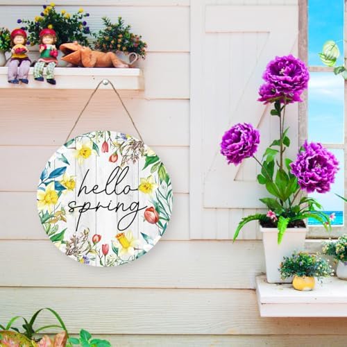 Hello Sign for Front Door Decor, Spring Flowers Wooden Sign Indoor Wall Hanging Decor Round Hanging Decoration for Home Front Door Porch - Image 5