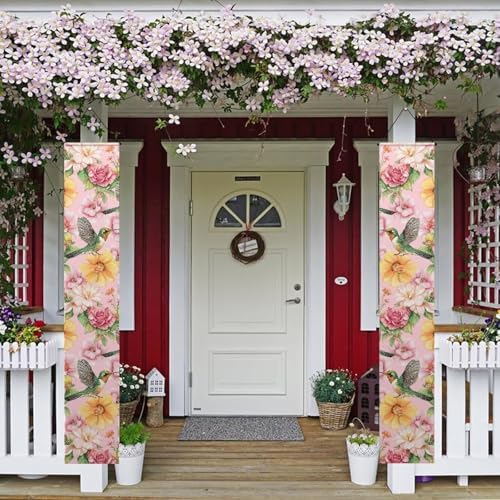 Hummingbird Flower Butterfly Front Door Hanging Banner Spring Porch Sign Hanging Flag Porch Sign for Front Door Outdoor Seasonal Holiday Wedding Yard Decor Farmhouse Indoor Wall Backdrop - Image 2