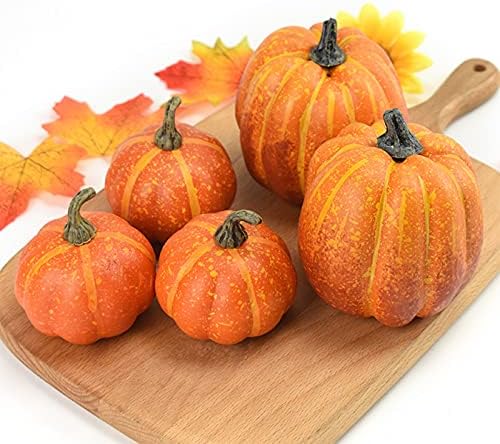 Halloween Autumn Harvest Festival 7 Artificial Pumpkins of Various Styles Decorate Rural Style Farmhouses Foam Pumpkins Thanksgiving Dinner Party Home Festival Autumn Decoration (Orange) - Image 4