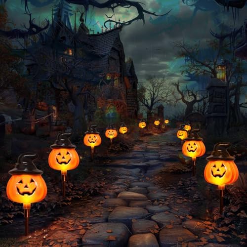 6 Pack Solar Jack O Lantern Stake String Lights - Orange Halloween Pathway Decor for Outdoor Halloween Yard Display - Image 5