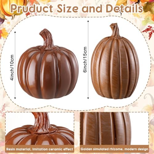 Vicenpal 2 Pcs Fall Pumpkin Decor Resin Pumpkin Table Decor, Brown, Glossy - Image 2