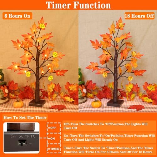 TURNMEON Fall Decor 2 Pack 24 Inch Prelit Fall Maple Tree 48 LEDs Timer - Image 3