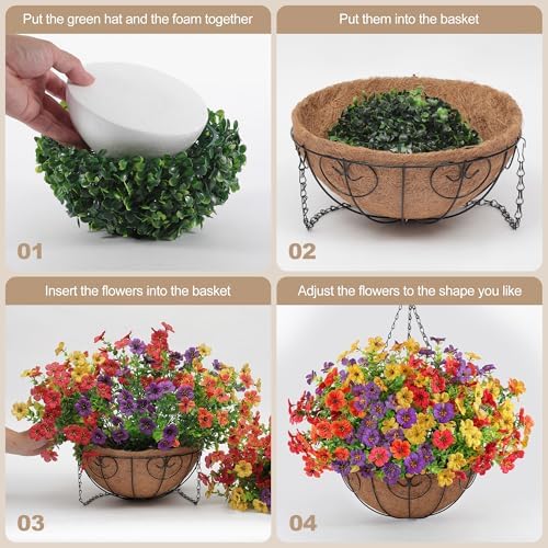 Artificial Faux Hanging Flowers Plants Basket for Outdoors Outside Spring Summer Decoration,Hanging Planters with Silk Fake Flowers Realistic UV Resistant Balcony Porch Garden Patio Home(4 Multicolor) - Image 6