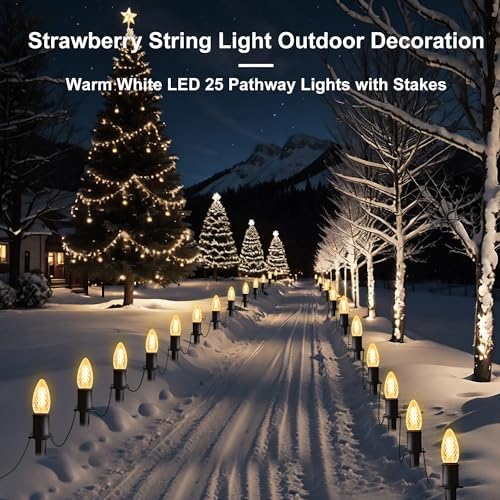 C9 Christmas Pathway Lights Outdoor - 29FT 25 LED Strawberry String Lights with Marker Stakes, Connectable Shatterproof Walkway Lights for Xmas Garden Outside Yard Holiday Decorations, Warm White - Image 5