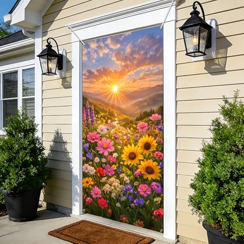 NYZE Sunset Wildflowers Summer Door Cover, 35.4 x 70.8 Inch Landscape Front Door Banner Hanging Backdrop, Porch Sign Garden Outdoor Indoor Front Door Decorations - Image 5