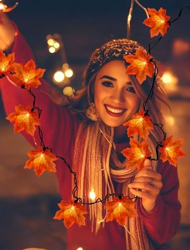 Thanksgiving Orange Maple Leaf Lights, 13.6FT Orange Fall Leaves String Lights, Waterproof Connectable Outdoor Patio String Lights for Indoor Home Outdoor Fall Decor Halloween Decorations - Image 3