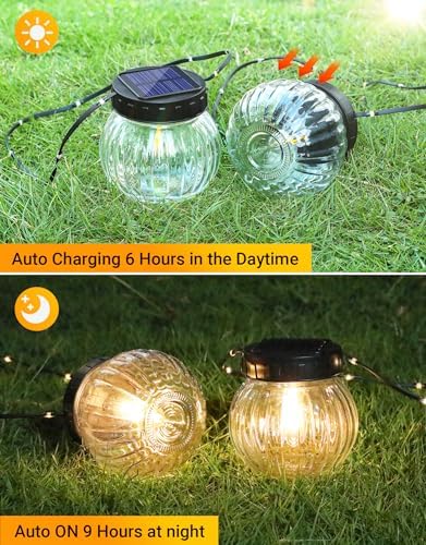 PARTPHONER Solar Lights Outdoor Waterproof 12-Pack, Solar Powered Hanging Lantern Ribbed Glass Hanging Globes for Yard Decor Christmas Decoration, Shepherd Hook, Garden Tree Ornaments, Clear - Image 3