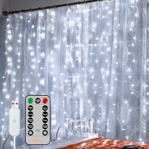 Ollny Curtain Lights 6.6x6.6ft, 200 LED White Christmas Lights with Remote by Ollny