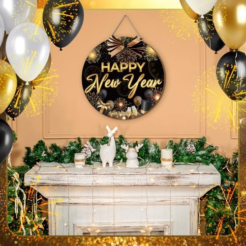 Moucuny Happy New Year Front Door Sign Black Gold Wreaths New Year Wooden Hanging Welcome Door Hanger Sign Farmhouse Decor for Home Front Porch Decor - Image 4