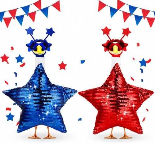 Abbylike 2 Set 4th of July Porch Goose Outfit 250th Red Blue Disco Sequin Star Yard Goose Costume Clothes Fits Large 23'' Cement for Independence Day American Patriotic Statue Patio Garden Art Decor by Abbylike