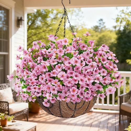 Artificial Fake Hanging Flowers Plants Basket for Outdoors Outside Spring Decoration,Hanging Planters with Faux Silk Flowers Realistic UV Resistant for Balcony Porch Patio Garden Fron Home Decor（Pink） - Image 2