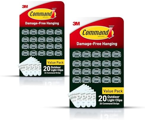 Command Outdoor Light Clips, 40 Clear and 48 Strips, Damage Free Hanging with Weather Resistant Strips, Wall Clips for Hanging Outdoor Lights and Cable Management by Command
