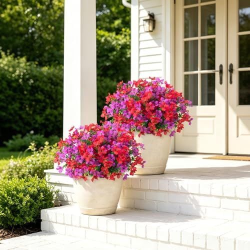 Artificial Faux Plants Flowers Outdoor Spring Summer Decoration, 12 Bundles Fake Silk Colorful Daisy Eucalyptus Realistic UV Resistant for Outside Home Planter Porch Patio Yard Decor (Red Purple) - Image 5