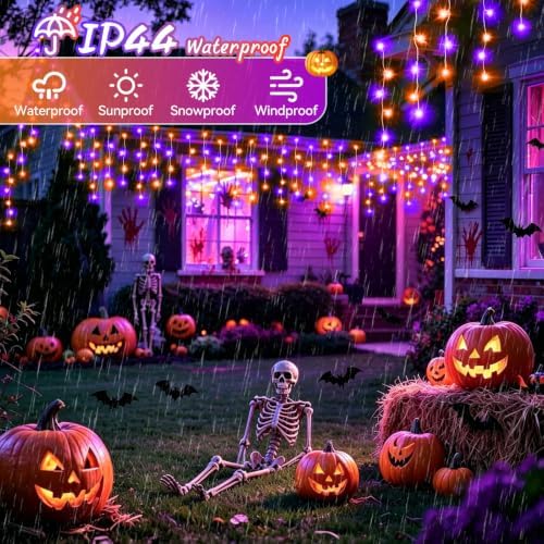 XURISEN Halloween Lights Outdoor, 66FT 640 LED Orange Purple Halloween String Lights with 120 Drops, 8 Modes Timer Memory Function Hanging Curtain Lights for Halloween Decorations Holiday Party Eaves - Image 4
