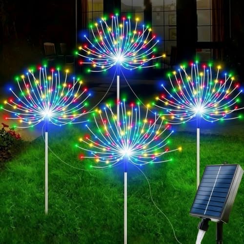 Solar Firework Garden Lights Outdoor, 4 Pack 240 LED Multicolor Solar Firefly Lights with 8 Modes, Waterproof Solar Garden Decorative Lights for Yard Patio Pathway Lawn Flowerbed Backyard Decor by Unknown