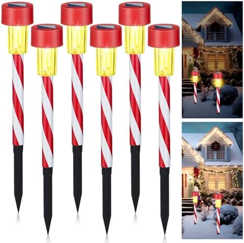 Honoson 6 Pcs Christmas Solar Pathway Lights Outdoor - Candy Cane Xmas Decorative IP65 Waterproof Lights for Patio, Lawn, Yard, Landscape, Driveway, Path, Party Decor - Warm Lights by Honoson