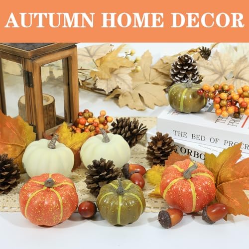 20 Pcs Realistic Fall Mini Pumpkin Decorations, Pumpkin Decor with Maple Leaves, Pine Cones, Acorns,Thanksgiving Decorations Indoor for Home Farmhouse Harvest Thanksgiving Table Decor - Image 3