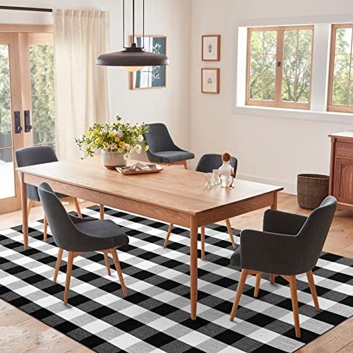 IOHOUZE 5x7 Buffalo Plaid Area Rug, Washable Indoor Outdoor, Black White - Image 3