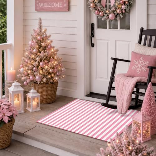Moucuny Christmas Pink and White Vertical Stripe Outdoor Rug 2' X 3'Doormat - Image 4