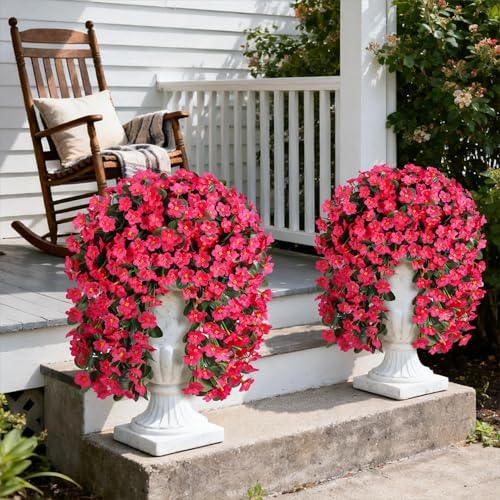 HyeFlora Artificial Fake Hanging Flowers for Spring Outdoor Outside Decoration, 2PCS Faux Silk Hotpink Daisy Plants UV Resistant Look Real Orchid Vines for Indoor Home Balcony Porch Planter - Image 3